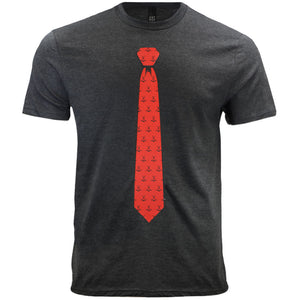 A men's gray t-shirt with a red and black hockey pattern necktie design