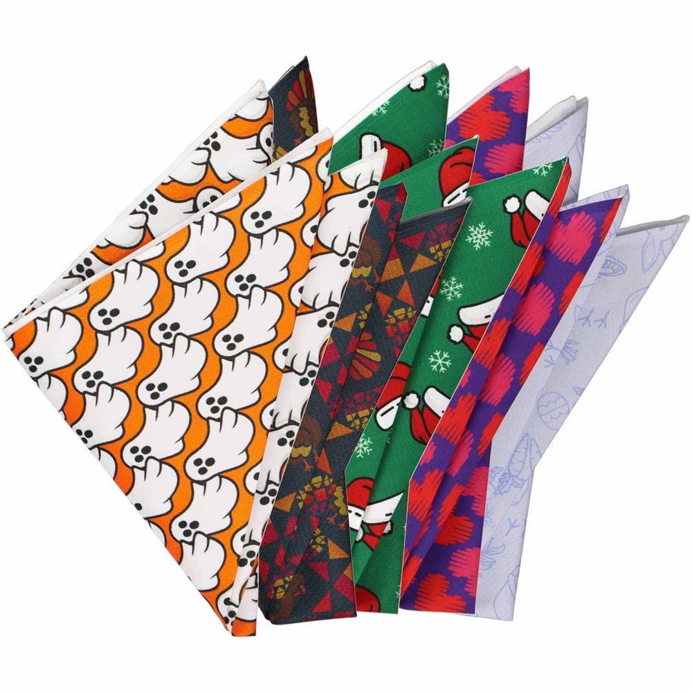 5 folded holiday pocket squares in novelty patterns