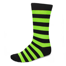Load image into Gallery viewer, Black and neon green striped sock on a white background