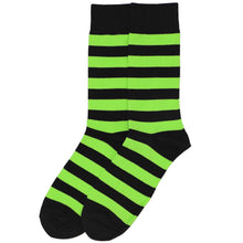 Load image into Gallery viewer, Black and neon green striped sock on a white background