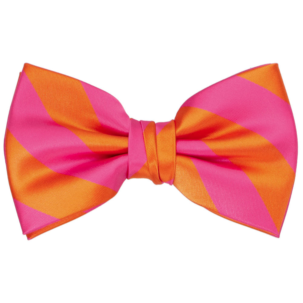 A bright pre-tied striped bow tie in hot pink and orange