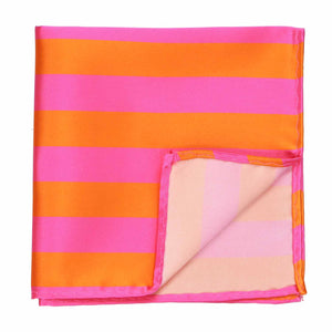A hot pink and orange striped pocket square, folded with the corner up to show the inside