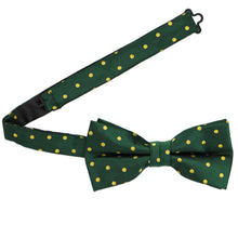 Load image into Gallery viewer, A hunter green and gold pre-tied bow tie with the band collar open