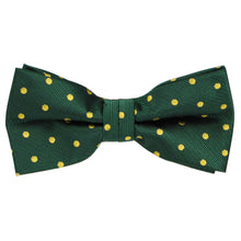 Load image into Gallery viewer, A hunter green and gold polka dot bow tie