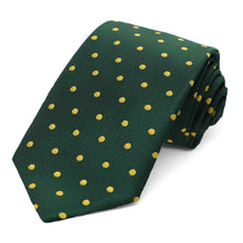Load image into Gallery viewer, Hunter green and gold polka dot necktie rolled