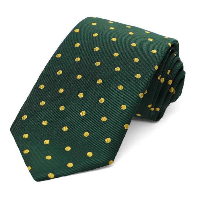 Hunter green and gold polka dot necktie rolled