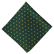 Load image into Gallery viewer, A hunter green and gold polka dot pocket square