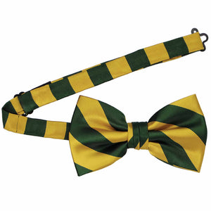 A hunter green and gold striped bow tie with an open band collar