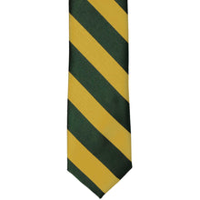 Load image into Gallery viewer, The bottom front of a hunter green and gold striped slim tie