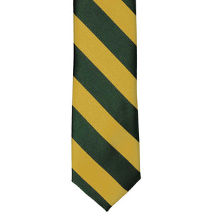 The bottom front of a hunter green and gold striped slim tie