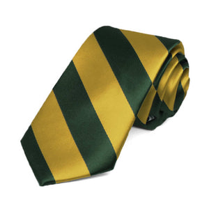 A hunter green and gold striped slim tie, rolled to show off the front