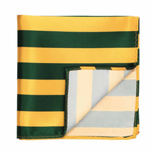 Load image into Gallery viewer, Hunter green and golden yellow striped pocket square with the corner flipped up to show the back side