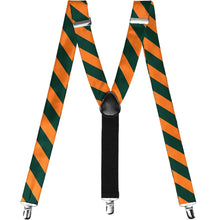 Load image into Gallery viewer, Hunter green and orange striped suspenders in an M shape