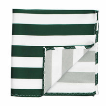 Load image into Gallery viewer, Hunter green and white striped pocket square, corner folded up to show back side