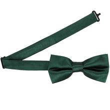 Load image into Gallery viewer, A pre-tied hunter green bow tie with the band collar open
