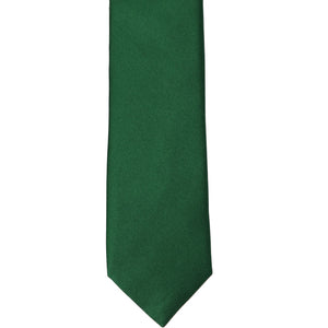 The front of a hunter green slim tie, laid out flat