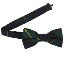 Load image into Gallery viewer, Hunter green and navy blue plaid bow tie with an open band collar