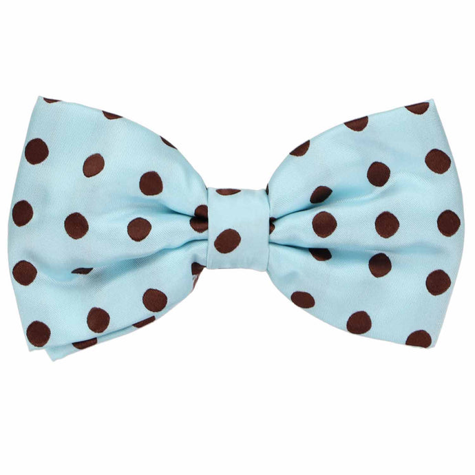 A light blue bow tie with brown polka dots