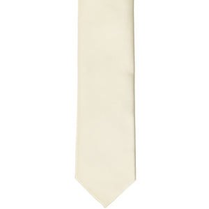 The front of an ivory skinny tie, laid flat