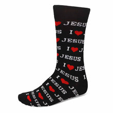 Load image into Gallery viewer, I Heart Jesus repeated pattern on a black men&#39;s sock