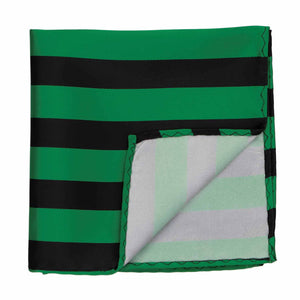 Kelly green and black striped pocket square with the bottom corner flipped up to show backside
