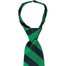 Load image into Gallery viewer, A closeup of the knot on a kelly green and navy blue striped zipper tie