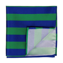 Load image into Gallery viewer, A kelly green and royal blue striped pocket square with the corner flipped up to show back side