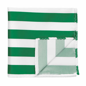 A kelly green and white striped pocket square with a corner flipped up to show the blank back side