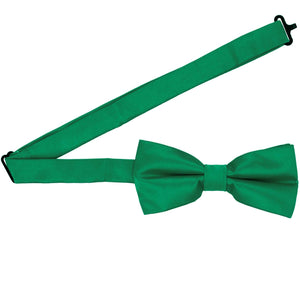 A kelly green pre-tied bow tie with the band collar open