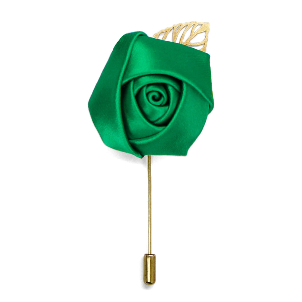 Kelly green flower lapel pin with a gold leaf and pin