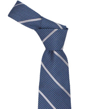 Load image into Gallery viewer, Blue patterned striped tie, knotted, on a white background