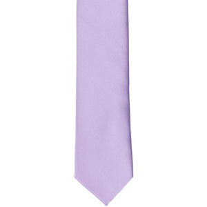 The front of a lavender skinny tie, laid flat