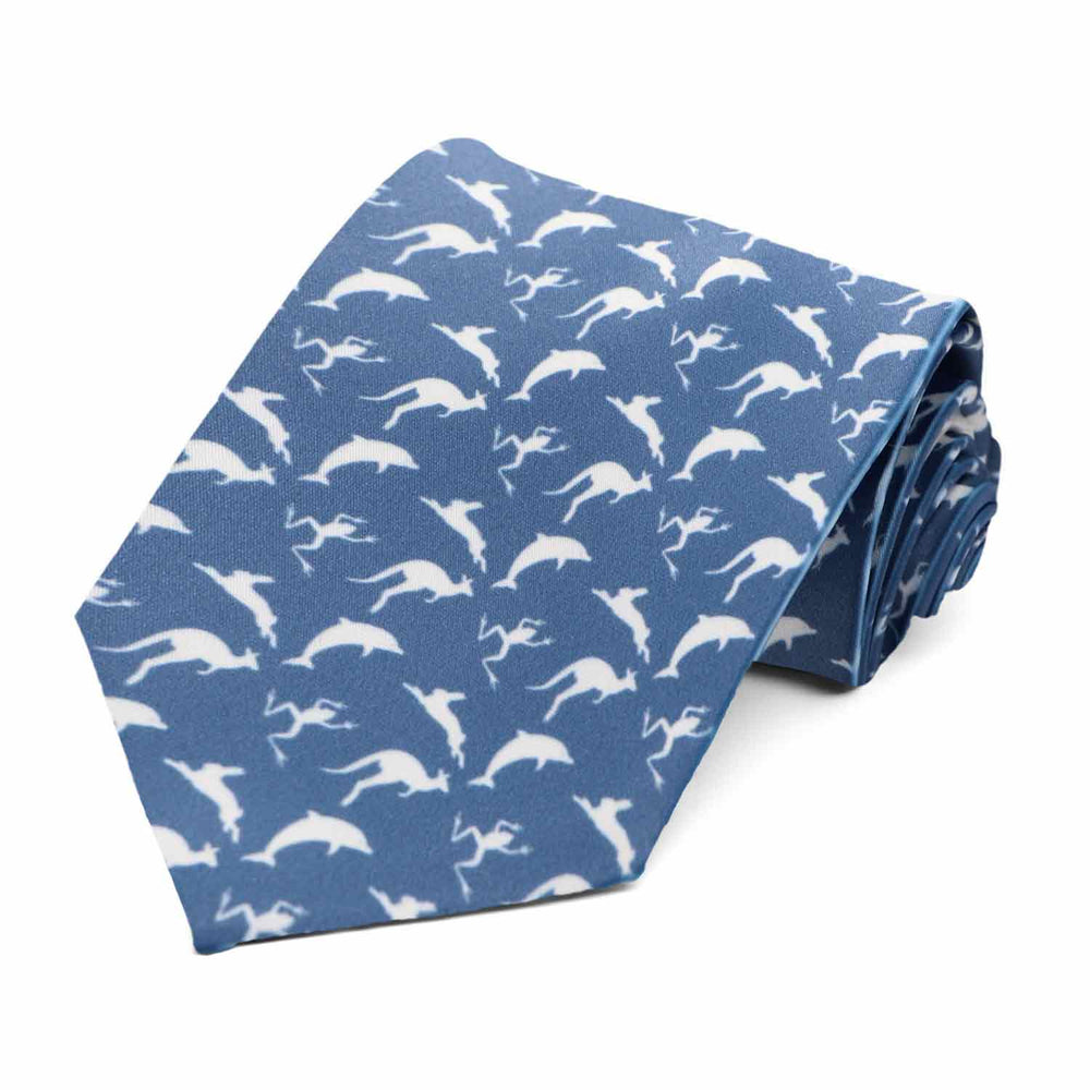 A blue tie with white leaping animal silhouettes