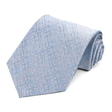 Load image into Gallery viewer, A light blue textured necktie with a subtle woven pattern, neatly rolled and displayed on a clean white background.