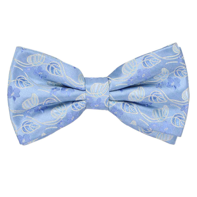 Pale blue pre-tied bow tie adorned with a unique floral and leaf pattern