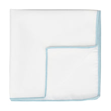 Load image into Gallery viewer, White pocket square with light blue tipping, folded to show inside