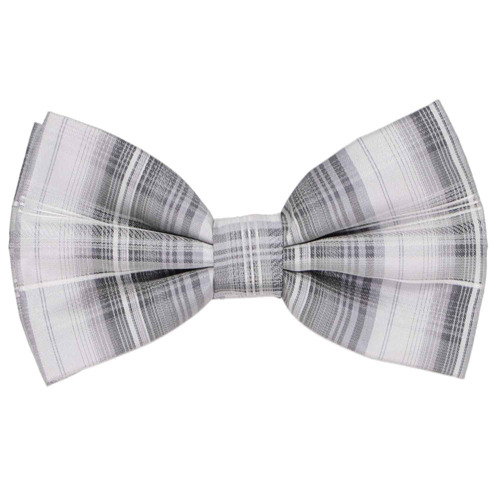 Men's light silver and gray plaid pre-tied bow tie