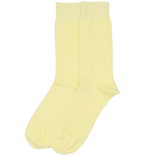 Load image into Gallery viewer, A pair of light yellow crew socks displayed flat against a solid white background.
