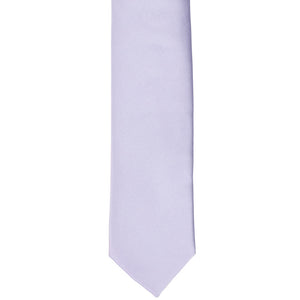 The front of a lilac skinny tie, laid flat