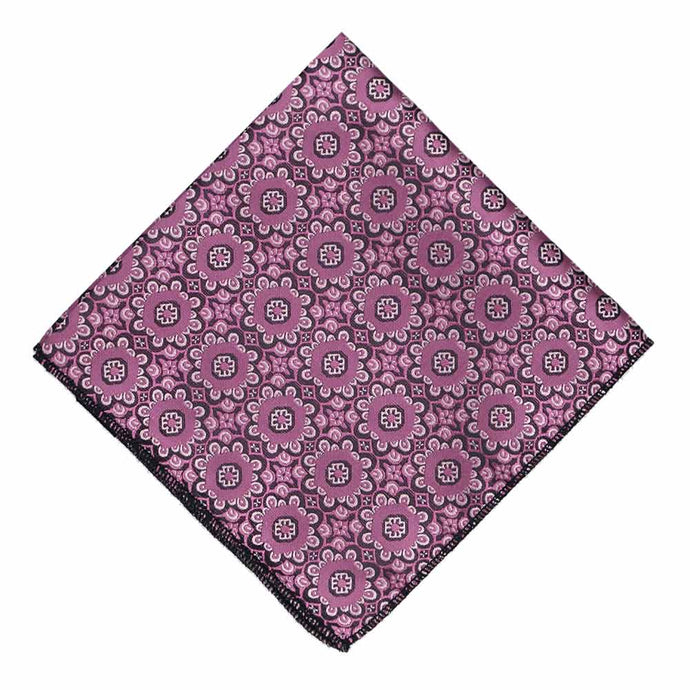 A magenta pocket square with an abstract floral pattern