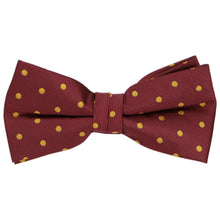 Load image into Gallery viewer, A maroon and gold pre-tied polka dot bow tie