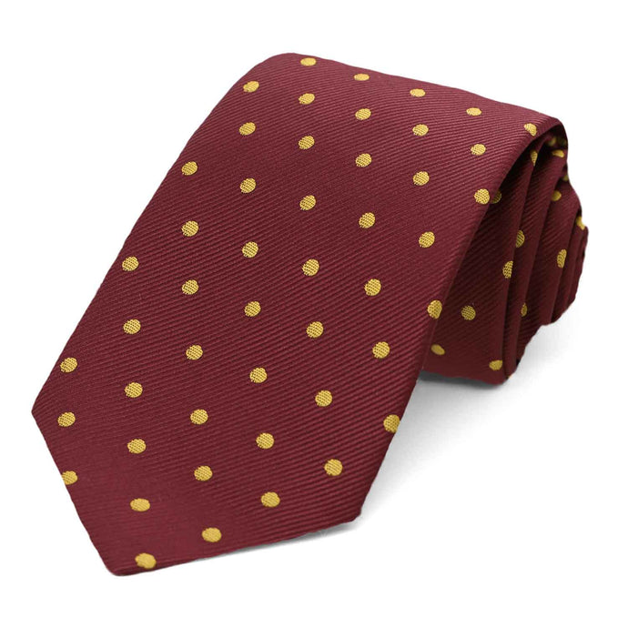 Maroon and gold polka dot necktie