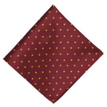 Load image into Gallery viewer, A maroon and gold polka dot pocket square