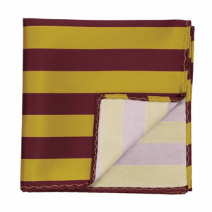 Maroon and gold striped pocket square with a corner flipped up to show inside
