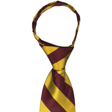 Load image into Gallery viewer, The knot on a maroon and gold striped zipper tie