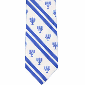 The front of a blue and white striped tie with a menorah pattern