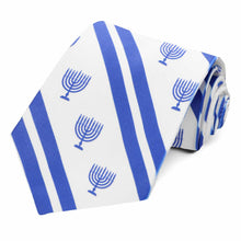Load image into Gallery viewer, A blue and white striped tie with striped menorahs