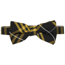 Load image into Gallery viewer, Black and gold plaid bow tie on a white background