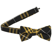 Load image into Gallery viewer, Black and gold plaid bow tie wtih an open band collar on a white background