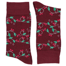 Load image into Gallery viewer, A pair of folded men&#39;s Christmas holly berry socks in burgundy